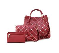 FANDARE Fashion Bucket Tote Bag Waterproof Women Handbag 3 Pcs Set Shoulder Bag Top-Handle Bags PU Leather Messenger Bag for Work Travel Office Party Shopping Red