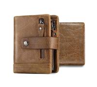 FANDARE New Mens Wallet RFID Blocking Women Purse Genuine Leather Zipper Coin Pocket Bifold Purse Cardholder with 13 Credit Card Holder Wallets Slim Purse for Daily Use, Travel, Business Khaki