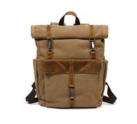 FANDARE Retro Backpack Roll-top School Bag Canvas Hiking Daypacks Unisex Knapsack Travel Rucksack fits 15.6 Inch Laptop for Women Men Work Commuter College School Leather Bookbag Khaki