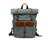 FANDARE Retro Backpack Roll-top School Bag Canvas Hiking Daypacks Unisex Knapsack Travel Rucksack fits 15.6 Inch Laptop for Women Men Work Commuter College School Leather Bookbag Lake Green