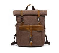 FANDARE Retro Backpack Roll-top School Bag Canvas Hiking Daypacks Unisex Knapsack Travel Rucksack fits 15.6 Inch Laptop for Women Men Work Commuter College School Leather Bookbag Brown