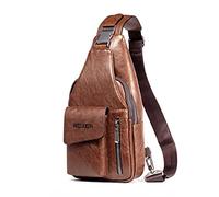 FANDARE Retro Sling Chest Bag Lightweight Shoulder Crossbody Backpack Men Business Casual Daypacks for Outdoor Travel Work Hiking Running Indoor Activities Waterproof PU Leather Light Brown