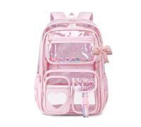 FANDARE School Bag for Girls Student Daypack Casual Backpack with bow-knot Waterproof PVC Rucksack Lightweight Multi-Compartment for Primary School Travel Camping Daily Use Pink