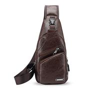 FANDARE Sling Bag with USB Charging Port, Earphone Hole, Sport Gym Student One Shoulder Backpack, Men's Outdoor Shoulder Bag, Waterproof PU Dark Brown