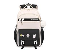FANDARE Student Backpack with Removable Badges & Plush Pendant, Trendy Bookbag Middle High School Bag for 5-16 Years Stylish Outdoor Versatile Travel Daypack for Girls Boys Daily Use Black