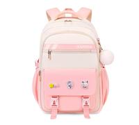 FANDARE Student Backpack with Removable Badges & Plush Pendant, Trendy Bookbag Middle High School Bag for 5-16 Years Stylish Outdoor Versatile Travel Daypack for Girls Boys Daily Use Pink