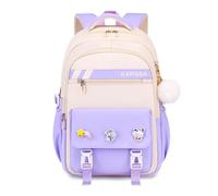 FANDARE Student Backpack with Removable Badges & Plush Pendant, Trendy Bookbag Middle High School Bag for 5-16 Years Stylish Outdoor Versatile Travel Daypack for Girls Boys Daily Use Purple