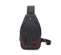 FANDARE Vintage Sling Chest Bag One Shoulder Bag Canvas Crossbody Backpack Men Daily Bookbag with Earphone Hole for Outdoor Travel Work Hiking Running Indoor Activities Daypacks Black