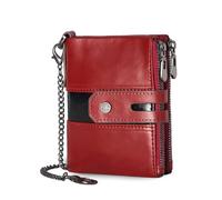 FANDARE Wallet for Men Women RFID Blocking Genuine Leather Billfold Chain Bifold Cardholder with 7 Card Holder & Zippered Coin Pocket Wallets Business Daily Use Slim Purse with Gift Box Red
