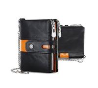 FANDARE Wallet for Men Women RFID Blocking Genuine Leather Billfold Chain Bifold Cardholder with 7 Card Holder & Zippered Coin Pocket Wallets Business Daily Use Slim Purse with Gift Box Black