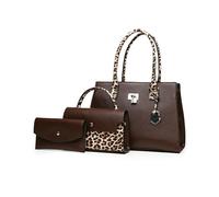 FANDARE Women Handbags Wallet Tote Shoulder Bag PU Leather Top Handle Satchel Purse Set 3pcs Set Retro Leopard Ladies Crossbody Handbag Ladies Top-Handle Clutch Wallet for Daily Work Travel Dark Brown