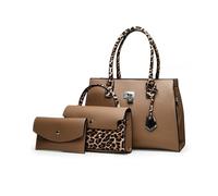 FANDARE Women Handbags Wallet Tote Shoulder Bag PU Leather Top Handle Satchel Purse Set 3pcs Set Retro Leopard Ladies Crossbody Handbag Ladies Top-Handle Clutch Wallet for Daily Work Travel Khaki