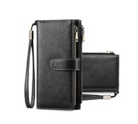 FANDARE Women Men Wallet RFID Blocking PU Leather Long Purse Large Capacity Card Holder Wristlet Clutch Bag Travel Phone Organizer with Zipper Pockets Detachable Strap Black