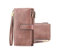 FANDARE Women Men Wallet RFID Blocking PU Leather Long Purse Large Capacity Card Holder Wristlet Clutch Bag Travel Phone Organizer with Zipper Pockets Detachable Strap Rouge Pink