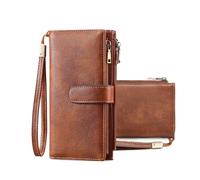 FANDARE Women Men Wallet RFID Blocking PU Leather Long Purse Large Capacity Card Holder Wristlet Clutch Bag Travel Phone Organizer with Zipper Pockets Detachable Strap Light Brown