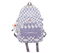 FANDARE Women's Backpack Checkered Panel Design Casual Work Rucksack with Padded Laptop Compartment Waterproof Nylon Daily Travel Backpack for Women Stylish & Lightweight Purple