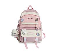 FANDARE Women's Cute Backpack 15.6 Inch Laptop Compartment for Work & Travel Waterproof Polyester Rucksack with Multiple Pockets & Luggage Strap Includes Free Badges & Keychain Charm Pink