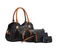 FANDARE Women's Handbags Cloud Pleated Top-Handle Bags Ladies Waterproof Shoulder Bag Soft Leather Cross-Body Bags 4 Pcs Set for Work Travel Office Party Shopping Black