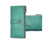 FANDARE Women's Long Wallet RFID Blocking Genuine Leather Ladies Purse Clutch Bag Bi-fold Wallets with 15 Card Slots, 2 Zippered Pockets & 1 ID Window Elegant Evening Handbags Green