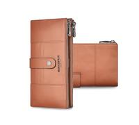 FANDARE Women's Long Wallet RFID Blocking Genuine Leather Ladies Purse Clutch Bag Bi-fold Wallets with 15 Card Slots, 2 Zippered Pockets & 1 ID Window Elegant Evening Handbags Light Brown