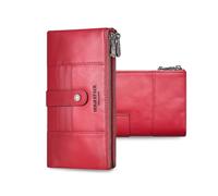FANDARE Women's Long Wallet RFID Blocking Genuine Leather Ladies Purse Clutch Bag Bi-fold Wallets with 15 Card Slots, 2 Zippered Pockets & 1 ID Window Elegant Evening Handbags Red