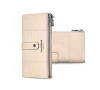 FANDARE Women's Long Wallet RFID Blocking Genuine Leather Ladies Purse Clutch Bag Bi-fold Wallets with 15 Card Slots, 2 Zippered Pockets & 1 ID Window Elegant Evening Handbags Beige White