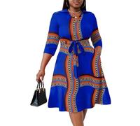 FANDEE African Dresses for Women V Neck Plus Size Casual Midi Dress 3/4 Sleeve A Line Dresses with Pockets and Belt, Royal Blue, XXL Plus