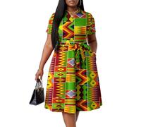 FANDEE Plus Size Dresses, Women Summer Casual V Neck Short Sleeve A-Line Work Cocktail Shirt Midi Dress with Belt and Pockets, Green Geo Print, 3XL