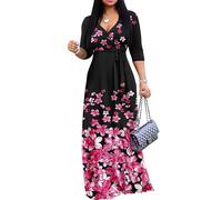 FANDEE Plus Size Maxi Dress for Women Casual Summer Sundress V-Neck 3/4 Sleeve, Broken Flowers, XXL