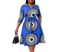 FANDEE Plus Size Midi Dress for Women - Printing Summer Dresses for Wedding Guest Cocktail Party 3/4 Sleeve V Neck（L-5XL）, Blue Print, XXL