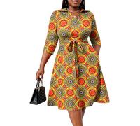 FANDEE Plus Size Midi Dress for Women - Printing Summer Dresses for Wedding Guest Cocktail Party 3/4 Sleeve V Neck（L-5XL）, African Print Sunburst, 3XL