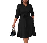 FANDEE Plus Size Midi Dress for Women - Printing Summer Dresses for Wedding Guest Cocktail Party 3/4 Sleeve V Neck（L-5XL）, Solid Black, XXL