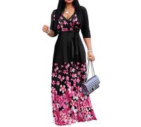 FANDEE Women's Flowy Summer Maxi Dress V-Neck 3/4 Sleeve Casual Floral Print Empire Waist Tie Belted Dress for Beach Vacation, Pink, 3XL