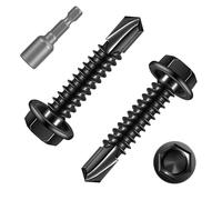 FandWay 100 Pcs Hex Head Self Drilling Screws for Metal,M4.2x19mm Self Tapping Sheet Metal Tek Screws,410 Stainless Steel Black Coating Hex Drive With 1 Bits for Steel/Wood/Plastic.