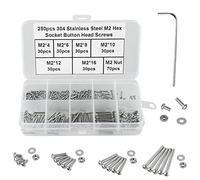 FandWay 250Pcs M2 Bolts and Nuts Set,Button Head Machine Screws ISO 7380 Allen Screws, 304 Stainless Steel Hex Bolts and Washers Set Fully Threaded With 1 Allen Keys.
