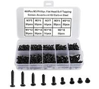 FandWay 480Pcs Self Tapping Screws Black,M3 Small Wood Screws Kit,Countersunk Head Self Drilling Screw,Flat Head Sheet Metal Screw Phillips/Cross Drive for DIY WoodWork Repairs.
