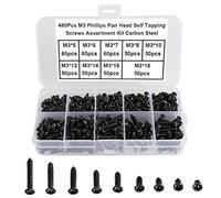 FandWay 480Pcs Self Tapping Screws Black,M3 Small Wood Screws Kit,Round Head Self Drilling Screw,Pan Head Sheet Metal Screw Phillips/Cross Drive for DIY WoodWork Repairs.