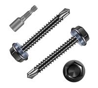 FandWay 50 Pcs Hex Head Self Drilling Screws for Metal,M5.5x32mm Self Tapping Sheet Metal Tek Screws,410 Stainless Steel Black Coating Hex Drive With 1 Bits for Steel/Wood/Plastic.