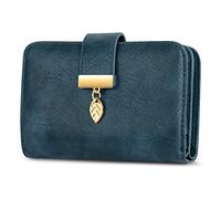 Faneam Ladies Purse RFID Blocking Leather Wallet Women's Small Purse Ladies Bifold Purse Credit Card Wallet with Wrist Strap, 1 Zip Coin Pocket, 14 Card Slots, Exquisite Box (Vintage Blue)