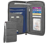 Faneam RFID Blocking Family Passport Holder, PU Leather Travel Wallet with Zipper Coin Pocket, Detachable Wrist Strap, Large Capacity Document Holder for Boarding Passes, Cash, Credit Cards, Grey