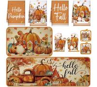 Fanfanwin 10 Pcs Fall Pumpkin Kitchen Decor and Accessories Set Autumn Kitchen Towels Rugs Pot Holders Oven Mitts Set Gnome Maple Leaves Decorations for Baking Cooking BBQ Autumn Home