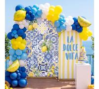 Fanfanwin 2 Set Blue Tiles Lemon Arch Backdrop Cover 7.2ft 6ft Amalfi Coast Party Decorations Stretchy Arch Cover Backdrop Stand Wedding Birthday Bridal Shower Party Decor (Amalfi Coast)