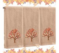 Fanfanwin 3 Pcs Fall Hand Towels for Bathroom 13.8 x 29.5 Inch Autumn Decorative Bath Towels Sets 100% Cotton Embroidered Pumpkin Maple Thanksgiving Bathroom Decor(Khaki,Autumn Tree)