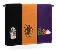 Fanfanwin 3 Pcs Halloween Hand Towels Embroidered Ghost Spider Web Moon and Bats Cotton Dish Towel for Bathroom Hand Drying Kitchen Cleaning Gift Set, 29.5 x 13.7 Inch