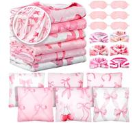 Fanfanwin 30 Pcs Sleepover Party Supplies for Girls, 6 Different Style Pink Bow Blanket 6 Coral Fleece Spa Headband 6 Pillowcase with Pillow Insert 6 Plush Eye Mask Covers, Sleeping Slumber Party Gift