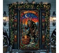 Fanfanwin 71x35in Christmas Door Cover Krampus Gothic Backdrop Banner | Dark Holiday Decor, Mythical Folklore, Creepy, Large Xmas Party Decorations, Indoor Outdoor Hanging Banner, for Wall Porch