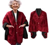 Fanfanwin Double Layer Poncho Blanket Sherpa Shawl with Pockets Fleece No Sleeves Bed Jackets for Elderly Women Grandma Gifts(Claret)