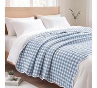 Fanfanwin Scalloped Quilted Gingham Dust Blue Throw Blanket Vintage Farmhouse Rural Soft Cozy Throw Travel Lightweight Reversible Blanket for Bed Sofa Couch Chair Camping Picnic, 50 * 60inch