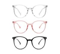 FangBoJie Pack of 3 Blue Light Blocking Glasses, Round Frame, Anti Blue Reading Glasses for Men and Women, Lightweight Clear Blue Light Filter Glasses, Anti Glare, Black, transparent, powder, 17-17