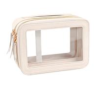 FangDaLe Clear Makeup Bag Double Layers Cosmetic Bag Waterproof Make Up Bag Clear Toiletry Bag for Women Portable Leather Clear Travel Bags for Toiletries, Beige, fdl-doublie-clear-bag0228